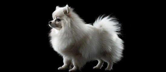 Poster - White Pomeranian Spitz dog poses in front of a black background in a standing position presenting a fluffy and cute appearance with copy space image available