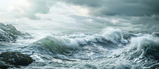 Poster - The ocean waves crashing against the rocky coastline create a scenic view with ample copy space image