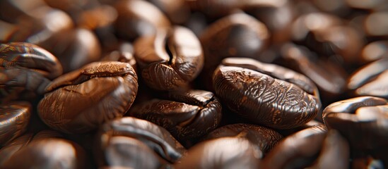 Poster - An out of focus up close image of roasted coffee beans with a copy space image