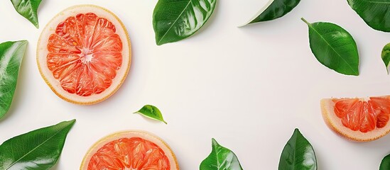 Poster - Isolated on a white backdrop a grapefruit slice with lush leaves creates an appealing copy space image