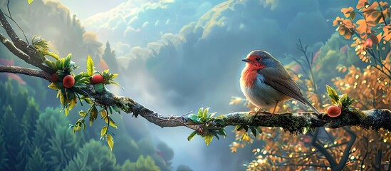 Poster - A lovely bird resting on a tree branch with a scenic view beneath it perfect for a copy space image
