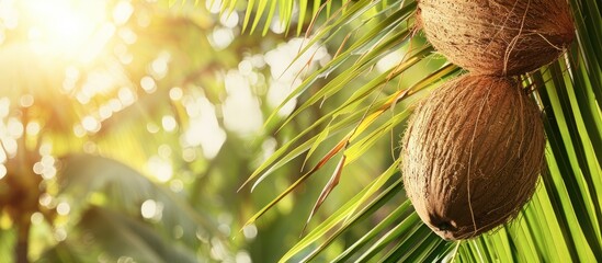 Poster - A fresh coconut hanging on the palm tree with a blank background ideal for copy space image