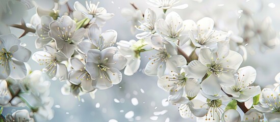Poster - In spring a fruit tree adorned with white blossoms creating an elegant display with a copy space image