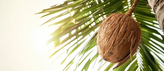 Poster - A fresh coconut hanging on the palm tree with a blank background ideal for copy space image