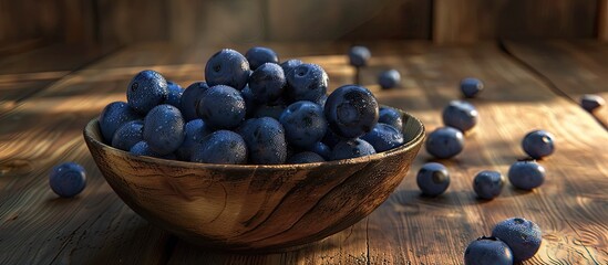 Poster - Blueberries displayed in a clean bowl on a wooden surface offering a spacious copy space image
