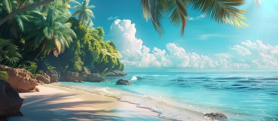 Poster - Excited for a summer getaway at a tropical beach with palm trees perfect for a copy space image