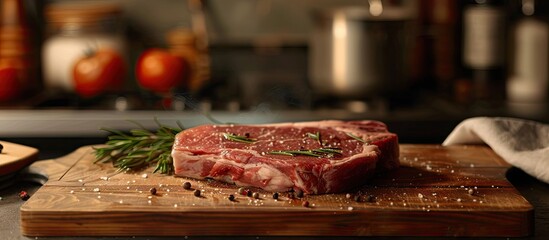 Poster - A pork steak being prepared on a wooden cutting board with copy space image