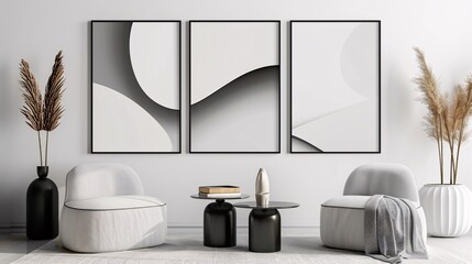 Fototapete - A trio of contemporary abstract posters with a continuous minimalistic pattern, elegantly displayed on a pristine white background