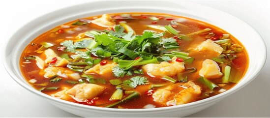 Poster - Hot And Sour Soup a Chinese delicacy isolated on a white dish with a white background for a copy space image