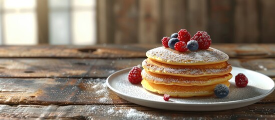 Aufkleber - Delicious syrniki pancakes topped with powdered sugar and berries over a wooden table with copy space image