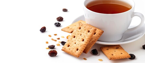 Poster - Sweet hard chuck crackers with raisins and a cup of tea on a white background with copy space image