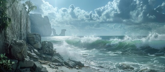 Poster - Coastal scene with ocean waves crashing against an old wall and rock creating a serene copy space image