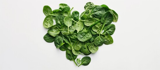 Poster - Heart shaped arrangement of baby spinach leaves on a white background symbolizing a healthy heart concept in a copy space image