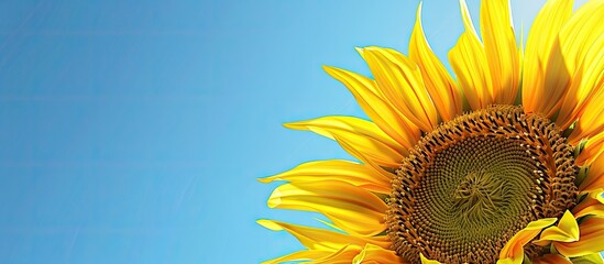 Poster - Bright yellow sunflower in beautiful bloom against a clear blue sky with copy space image