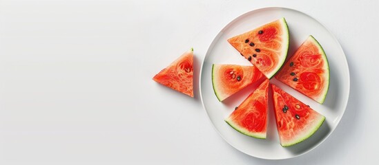 Poster - A plate showcasing fresh watermelon slices on a white backdrop with copy space image