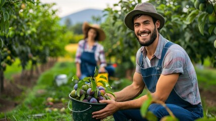 Poster - Caucasian man squatting beside plum trees with bucket full of plums.
