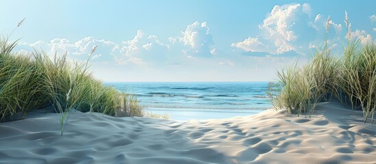 Poster - A serene summer scene with a sandy beach in the front and the ocean in the back perfect as a copy space image