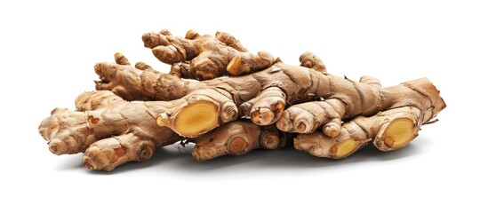 Aufkleber - Fresh ginger rhizome close up isolated on white background with copy space image