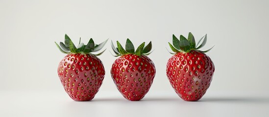 Poster - Three red ripe strawberries arranged nicely on a plain white backdrop suitable for a copy space image