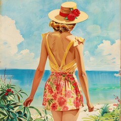 Aufkleber - A woman stands by the shore, wearing a colorful summer outfit and sun hat, admiring the stunning ocean view under a clear blue sky. Generative AI