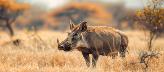 Poster - A Wild warthog Phacochoerus africanus strolling through the savanna in a photo with copy space image