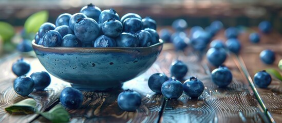 Poster - Blueberries displayed in a clean bowl on a wooden surface offering a spacious copy space image