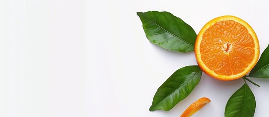 Poster - Isolated orange fruit with leaves and half on a white background with a full depth of field and clipping path for the copy space image