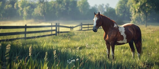 Poster - Gorgeous brown and white horse on farm with lush green grass ideal for copy space image