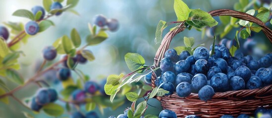 Poster - Fresh blueberries in a wicker basket and branches of blueberries up close creating a background with copy space image