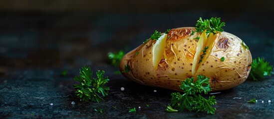Poster - Baked potato with parsley on black background copy space image