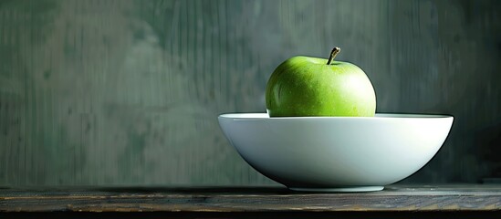 Poster - Still life of a delicious green apple in a white bowl with copy space image available