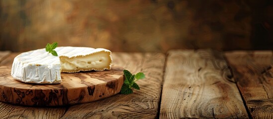 Camembert cheese displayed on a rustic wooden cutting board with ample copy space image