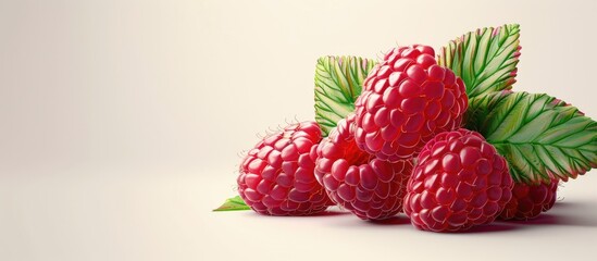 Poster - Fresh ripe raspberry with green leaf on white background perfect as a copy space image