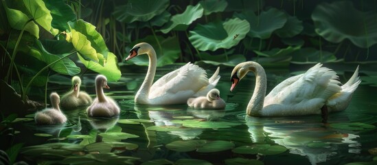 Poster - Young swans swim in a pond with a lush green reflection leaving space for additional images