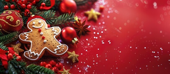 Aufkleber - Isolated on a red background a Christmas card with a gingerbread cookie and festive decorations offers ample copy space image