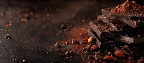 Poster - Delicious dark chocolate pieces with nuts on a textured surface with ample copy space image