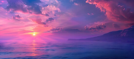 Poster - Twilight on a summer evening with a colorful sunset sky casting a beautiful array of blue purple pink and orange hues over the sea horizon in a picturesque landscape perfect as a copy space image