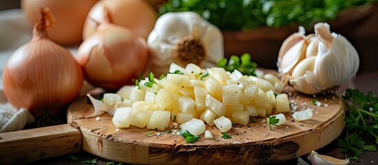 Poster - Freshly chopped garlic onion shallot and parsley displayed on a wooden board with copy space image