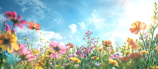 Aufkleber - Bright sunlight bathes delicate spring flowers in a vibrant tapestry of color against a backdrop of blue sky creating a picturesque scene with copy space image