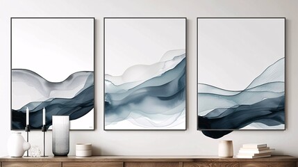 Poster - A set of three art posters on a wall, showcasing a flowing watercolor design that spans all pieces, creating a unified and sophisticated look on a white background