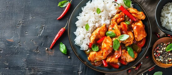 Poster - An enticing dish of chicken slices in a spicy sauce with bell peppers served alongside rice displayed elegantly in a beautiful pitch with copy space image