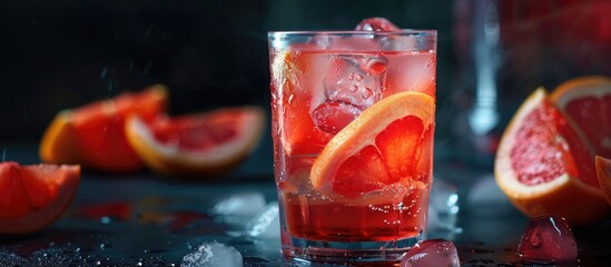 Poster - Refreshing grapefruit beverage with ice on a dark backdrop allowing for copy space image