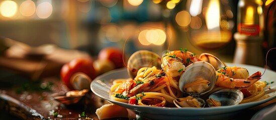 Poster - Spaghetti frutti di mare featuring Italian clams prawns and a mouthwatering sauce with a captivating Mediterranean atmosphere in the copy space image