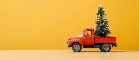 Aufkleber - A small toy truck with a Christmas tree in the back set on a yellow background for Christmas and New Year concept great for delivery promotions with copy space image