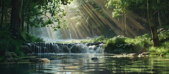 Poster - Nature rill flows serenely through the forest providing a peaceful and picturesque scene with copy space image