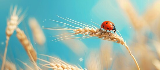 Poster - A ladybug perched on a wheat plant with clear blue sky in the background creating a serene copy space image
