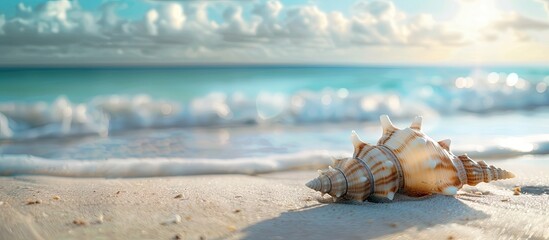 Poster - Selective focus creates a blurred background emphasizing a conch shell on the sandy beach in the center of the copy space image
