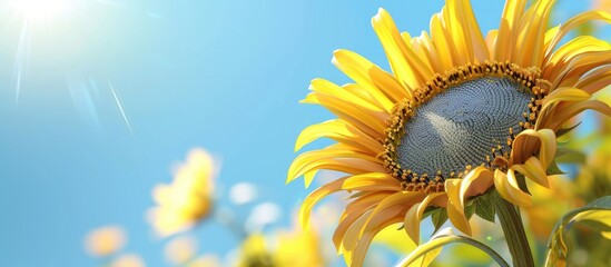 Poster - Bright yellow sunflower in beautiful bloom against a clear blue sky with copy space image