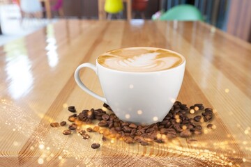 Sticker - Cup of tasty hot coffee on wooden desk