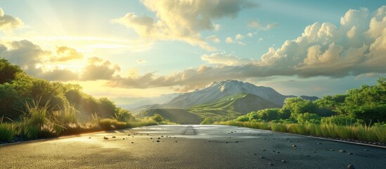 Poster - Sunrise illuminating a scenic natural landscape featuring an asphalt road square a verdant mountain and sky with clouds creating a picturesque copy space image
